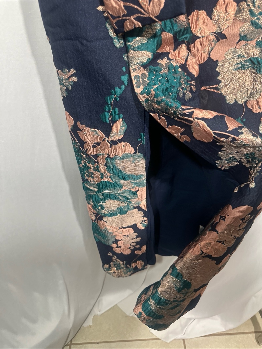 NWT $318 Kay Unger [ 6 ] Floral Jacquard Catrina 3D Bow‎ Gown Navy ApricotBlue - Picture 12 of 15